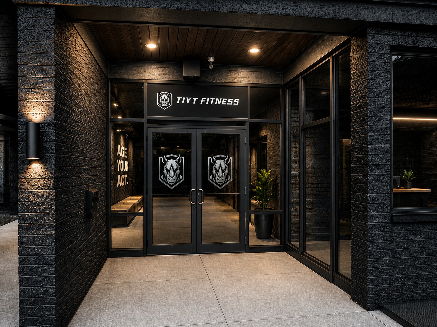 The TIYT Fitness entrance at night: black brick, glass doors marked with the rhino logo, a lit TIYT Fitness sign above the doorway, and AGE YOUR ACT painted on the side glass.